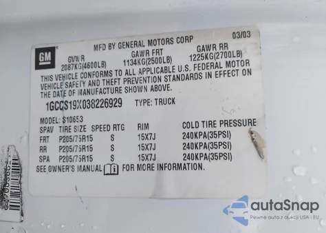 2003 Chevrolet S-10 из США, поврежденный, VIN 1GCCS19X038226929